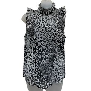 ELAN Sheer Black White Top Leopard Print Short Sleeve Ruffles SZ L